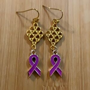 Hand Crafted Cancer Awareness Drop Pierced Earrings Lavender All Cancers